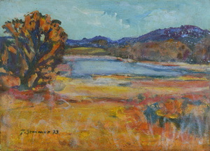 Werkverzeichnis Nr. 686, 1973, Flache Landschaft mit See vor einer Bergkette, Öl auf Karton, 38,2 x 52,8 cm, bez. u.l.: K. Sommer 73 