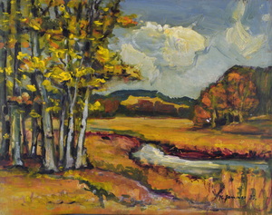 Werkverzeichnis Nr. 687, 1973, Landschaft mit Bach und Bäumen, Öl auf Karton, 56,0 x 70,7 cm, bez. u.l.: K. Sommer 73