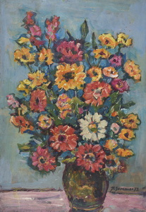 Werkverzeichnis Nr. 692, 1973, Blumenstrauß in brauner Vase, Öl auf Karton, 76,0 x 52,9 cm, bez. u.r.: K. Sommer 73