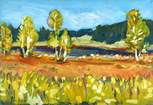 Werkverzeichnis Nr. 707, um 1973, Mooslandschaft mit Bäumen und Gewässer, Öl auf Karton, 40,0 x 56,8 cm