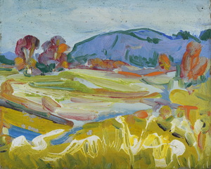 Werkverzeichnis Nr. 695, um 1973, Gelbe Felder vor blauen Hügeln, Öl auf Karton, 26,2 x 33,0 cm