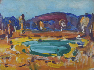 Werkverzeichnis Nr. 696, um 1973, Kleiner See vor Hügeln, Acryl auf Karton, 27,2 x 36,2 cm