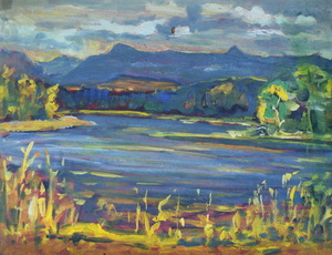 Werkverzeichnis Nr. 698, um 1973, Großer Ostersee mit Herzogstand und Heimgarten, Acryl auf Karton, 36,8 x 48,6 cm