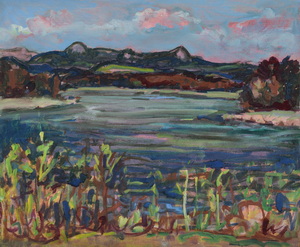 Werkverzeichnis Nr. 699, um 1973, Großer Ostersee in dunkler Stimmung, Öl auf Karton, 37,0 x 44,8 cm