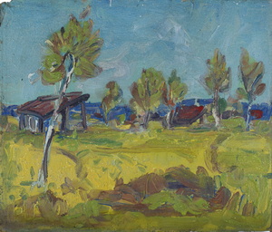 Werkverzeichnis Nr. 721, um 1973, Dachauer Moos, Acryl auf Karton, 37,4 x 44,0 cm