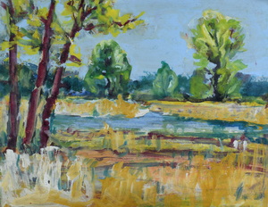 Werkverzeichnis Nr. 700, um 1973, Mooslandschaft mit Gewässer, Öl auf Karton, 37,8 x 48,6 cm