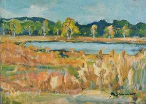 Werkverzeichnis Nr. 702, um  1973, See mit Schilf und Bäumen, Öl auf Karton, 38,1 x 52,8 cm<br>
						bez. u.r.:  K. Sommer