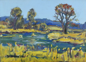 Werkverzeichnis Nr. 689, 1973, Bäume an einem Gewässer, Öl auf Karton, 38,1 x 53,0 cm