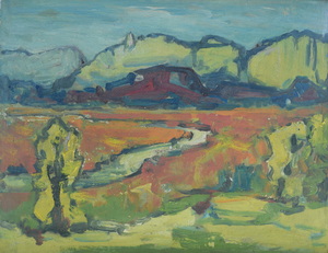 Werkverzeichnis Nr. 703, um 1973, Voralpenlandschaft mit Bach, Öl auf Karton, 38,3 x 48,5 cm