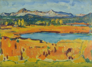 Werkverzeichnis Nr. 704, um 1973,  Osterseen mit Herzogstand und Heimgarten, Öl auf Karton, 38,6 x 53,0 cm