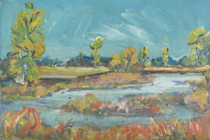 Werkverzeichnis Nr. 706, um 1973, Mooslandschaft mit Gewässer, Öl auf Karton, 39,5 x 60,4 cm