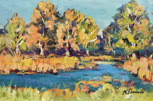 Werkverzeichnis Nr. 708, um 1973, Bäume an der Amper, Öl auf Karton, 40,0 x 59,8 cm, bez. u.r.:  K. Sommer, 
						Sammlung Michael Gorkow