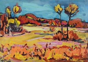 Werkverzeichnis Nr. 717, um 1973, Mooslandschaft mit Bäumen, Öl auf Karton, 40,3 x 57,3 cm
