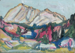 Werkverzeichnis Nr. 750, um 1973, Mit Schnee bedeckter Berg, Öl auf Karton, 40,5 x 57,1 cm,
						Rückseite bemalt mit Werkverzeichnis Nr. 751, um 1973, Bach mit Bäumen im Mühltal bei Starnberg 