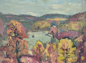 Werkverzeichnis Nr. 723, um 1973, Blick auf die Isar mit Georgenstein, Öl auf Karton, 41,2 x 44,8 cm