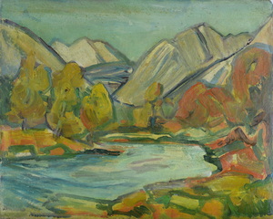 Werkverzeichnis Nr. 730, um 1973, See im Gebirge, Öl auf Karton, 41,5 x 53,0 cm