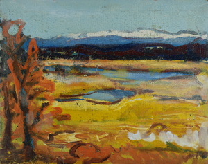 Werkverzeichnis Nr. 732, um 1973, Voralpenlandschaft mit Wasserflächen, Öl auf Karton, 43,2 x 54,2 cm