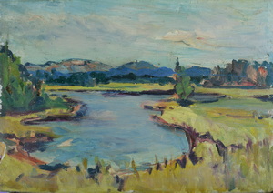 Werkverzeichnis Nr. 735, um 1973, See in den Voralpen, Öl auf Karton, 44,0 x 62,0 cm