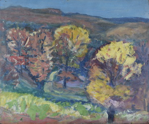 Werkverzeichnis Nr. 736, um 1973, Bäume zwischen Hügeln, Öl auf Hartfaser, 46,2 x 55,3 cm