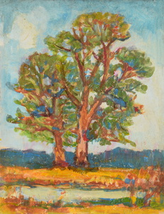 Werkverzeichnis Nr. 739, um 1973, Zwei Bäume, Öl auf Karton, 48,7 x 37,8 cm