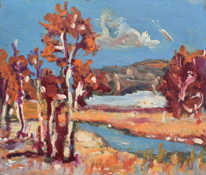 Werkverzeichnis Nr. 743, um 1973, Bäume an einem Bach, Öl auf Karton, 56,7 x 71,0 cm