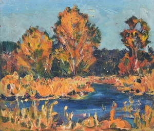 Werkverzeichnis Nr. 744, um 1973, Bäume an der Amper, Öl auf Karton, 57,1 x 80,5 cm