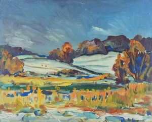 Werkverzeichnis Nr. 745, um 1973, Hüglige Landschaft im Winter, Öl auf Hartfaser, 56,5 x 70,5 cm 