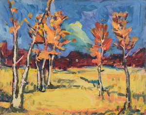 Werkverzeichnis Nr. 746, um 1973, Bäume in einer Mooslandschaft, Öl auf Hartfaser, 56,5 x 71,0 cm