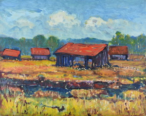 Werkverzeichnis Nr. 720, um 1973, Dachauer Moos, Öl auf Hartfaser, 56,6 x 71,2 cm, 
						Rückseite von Werkverzeichnis Nr. 250, um 1965, Berg mit Bäumen 