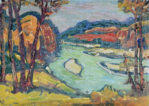 Werkverzeichnis Nr. 727, um 1973, Isar mit Sandbänken, Öl auf Karton, 57,2 x 80,5 cm