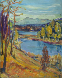 Werkverzeichnis Nr. 731, um 1973, Seen in den Voralpen, Öl auf Hartfaser, 71,1 x 56,1 cm