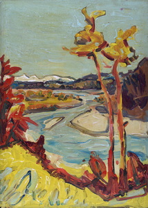 Werkverzeichnis Nr. 726, um 1973, Isar mit Bäumen,  Acryl auf Karton, 80,5 x 58,4 cm
