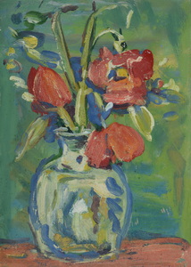Werkverzeichnis Nr. 757, um 1973, Blumenstillleben mit Tulpen, Öl auf Karton, 34,2 x 24,3 cm