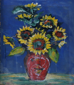 Werkverzeichnis Nr. 758, um 1973, Sonnenblumen vor blauem Grund, Öl auf Hartfaser, 51,0 x 44,2 cm