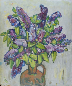 Werkverzeichnis Nr. 759, um 1973, Flieder vor hellbrauem Grund, Acryl auf Karton, 71,8 x 61,3 cm