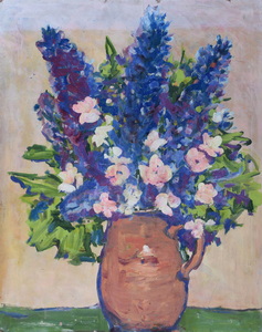 Werkverzeichnis Nr. 760, um 1973, Blumenstillleben mit Rittersporn, Öl auf Karton, 80,8 x 64,2 cm 