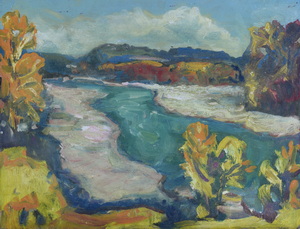 Werkverzeichnis Nr. 724, um 1973, Isar, Pupplinger Au, Öl auf Karton, 37,2 x 48,2 cm