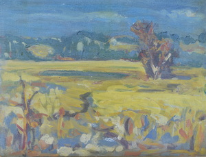 Werkverzeichnis Nr. 733, um 1973, Mooslandschaft mit den Alpen im Hintergrund, Öl auf Karton, 37,3 x 48,5 cm