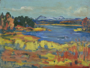 Werkverzeichnis Nr. 705, um 1973, Großer Ostersee mit Herzogstand und Heimgarten, Öl auf Karton, 37,3 x 49,0 cm