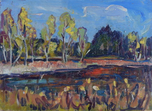 Werkverzeichnis Nr. 701, um 1973, Moorsee mit Bäumen, Öl auf Karton, 37,4 x 50,3 cm