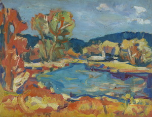 Werkverzeichnis Nr. 728, um 1973, Gewässer vor Bergen, Öl auf Karton, 37,5 x 48,2 cm