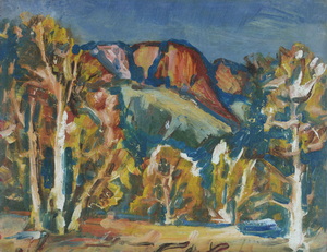 Werkverzeichnis Nr. 754, um 1973,  Blick auf den Untersberg, Öl auf Karton, 37,5 x 48,7 cm