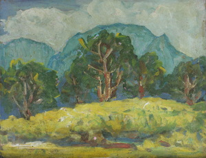 Werkverzeichnis Nr. 749, um 1973,  Bäume vor Bergen, Öl auf Karton, 37,8 x 48,9 cm