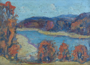 Werkverzeichnis Nr. 725, um 1973, Isar, Pupplinger Au, Öl auf Karton, 38,3 x 53,2 cm