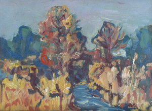 Werkverzeichnis Nr. 710, um 1973, Bäume an einem Wasssergraben, Öl auf Karton, 38,5 x 52,4 cm