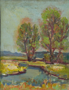 Werkverzeichnis Nr. 741, um 1973, Zwei Baumgruppen an einem Bach, Öl auf Karton, 48,8 x 37,3 cm
