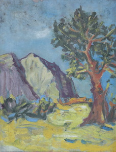 Werkverzeichnis Nr. 748, um 1973,  Baum im Gebirge, Öl auf Karton, 48,8 x 37,8 cm