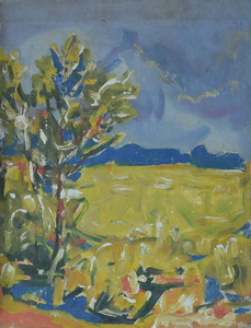 Werkverzeichnis Nr. 737, um 1973, Baumgruppe an einer flachen Landschaft, Öl auf Karton, 48,9 x 37,3 cm