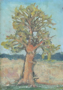 Werkverzeichnis Nr. 738, um 1973, Einzelner Baum, Öl auf Karton, 52,7 x 38,3 cm