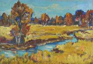 Werkverzeichnis Nr. 711, um 1973, Mooslandscahft mit einem Wassergraben und einem Baum, Öl auf Karton, 40,0 x 57,0 cm